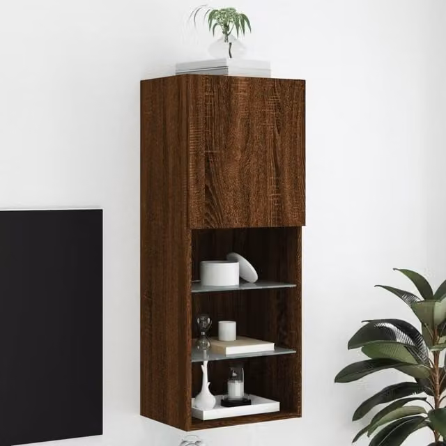 Berkfield Home Modern TV Cabinet with Integrated LED Lights in Brown Oak, W/D/H: 40.5 x 30 x 102 cm