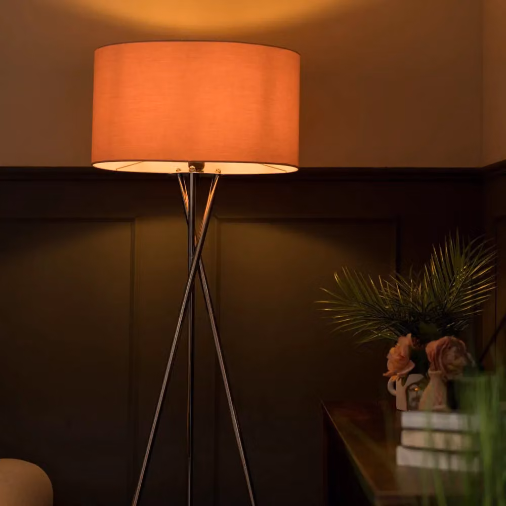 ValueLights Camden Tripod Floor Lamp in Brushed Chrome with Pink Fabric Cylinder Shade – 2