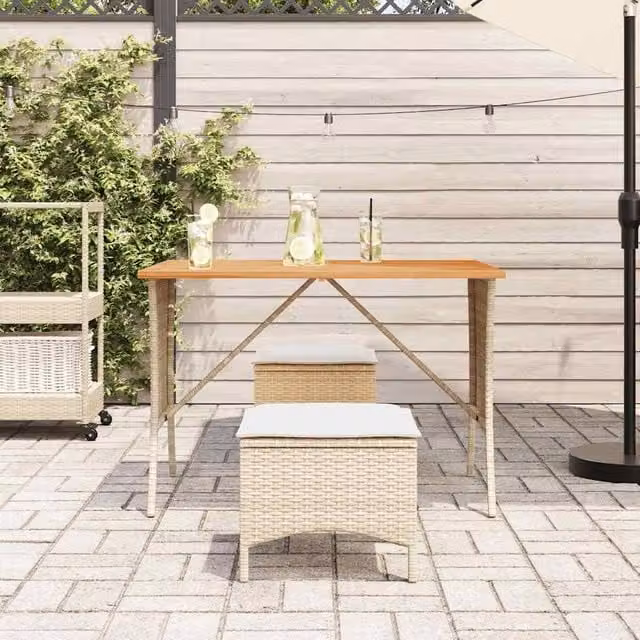 Berkfield Home Rectangular Garden Table with Beige Poly Rattan and Oiled Acacia Wood Top, W: 105 cm, D: 75 cm, H: 72 cm – 1