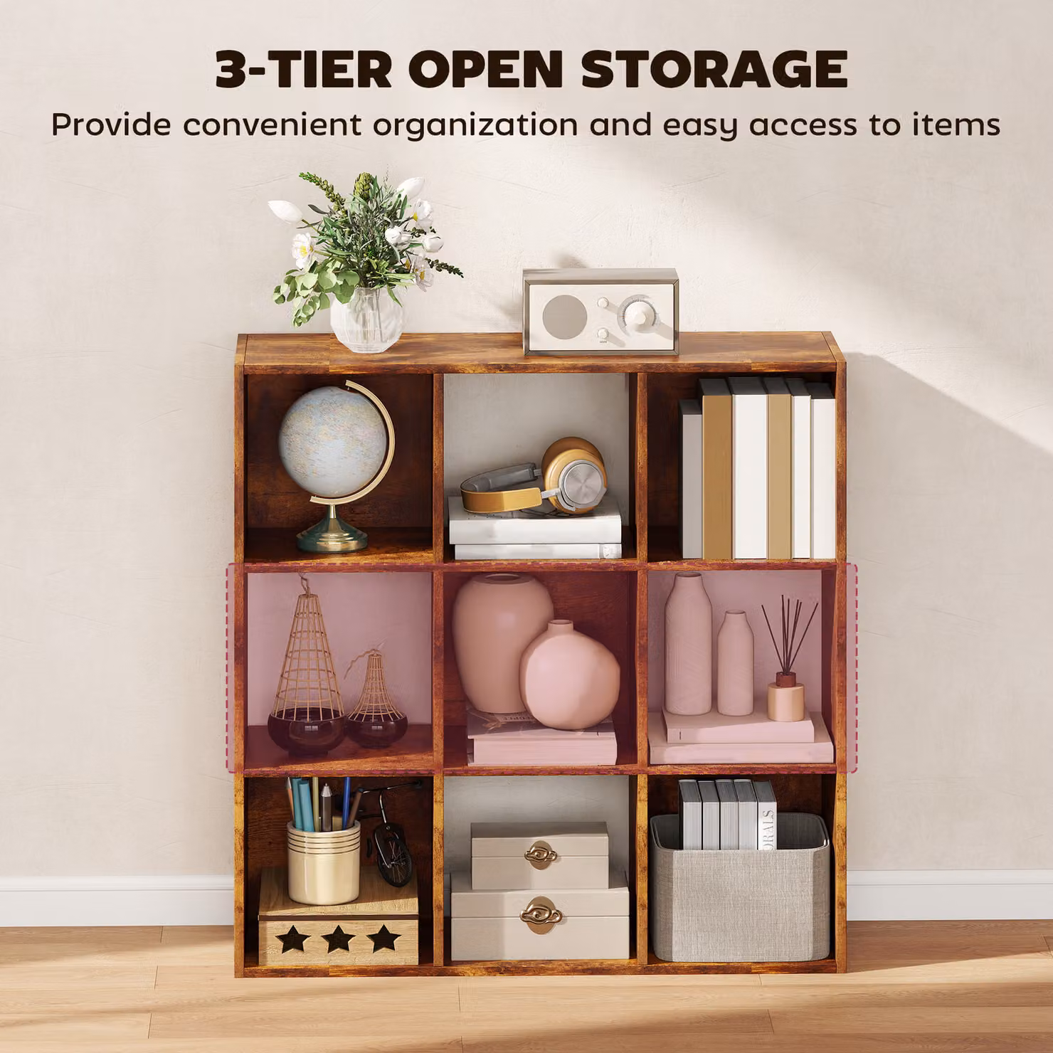 HOMCOM 3-tier 9 Cube Storage Unit and Bookcase Organiser in Rustic Brown – 3