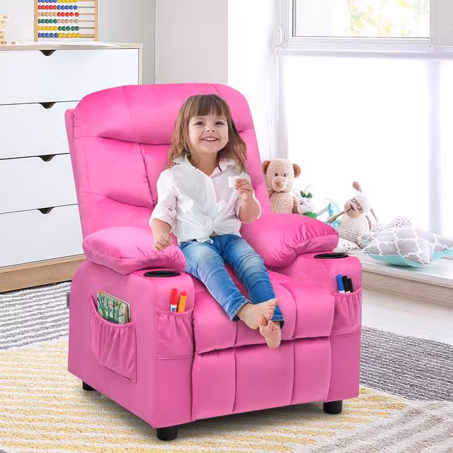 COSTWAY Pink Velvet Recliner Chair for Kids and Teenagers with Armrests