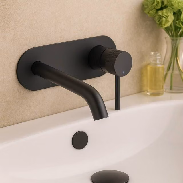 Bathroom Kingdom Redondo Matt Black Round Wall Mounted Single Lever Basin Mixer Tap with Water Saving Feature