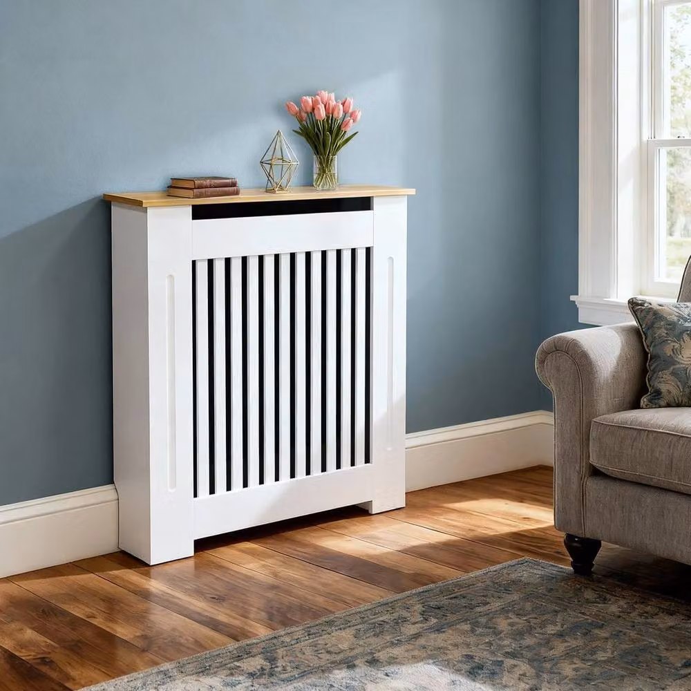 FORGEVIO Vertical Small Radiator Cover in White with Wood Texture Top, H 83 x W 78 x D 20 cm – 2