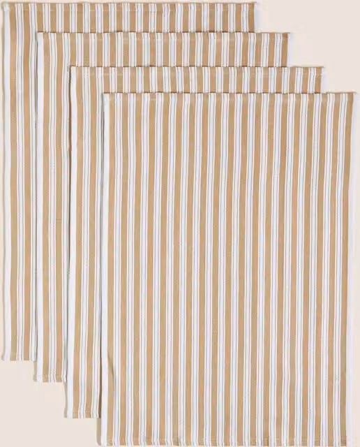 M&S Set of 4 Highly Absorbent Cotton Rich Basket Weave Striped Tea Towels in Beige