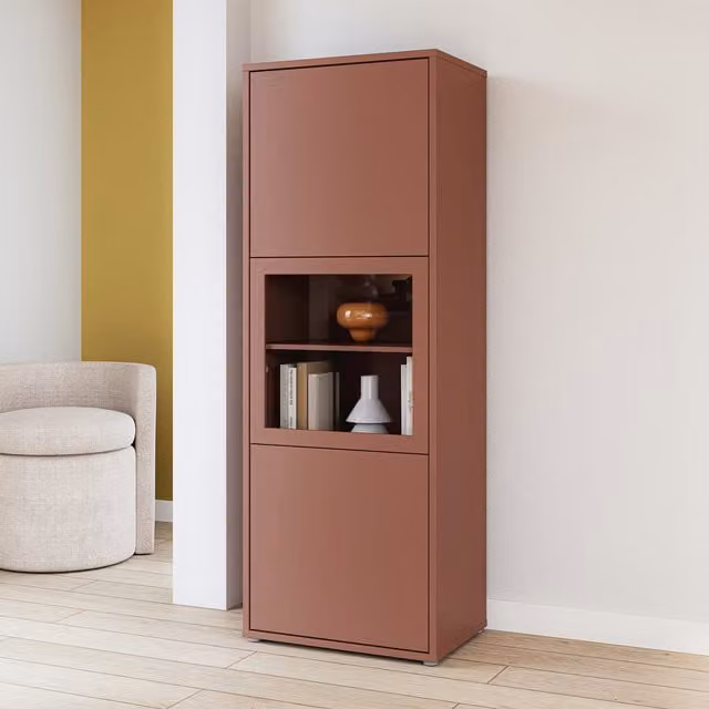 Furniture To Go Alice Springs Narrow Display Cabinet with Glass Doors in Sand and Terracotta Orange