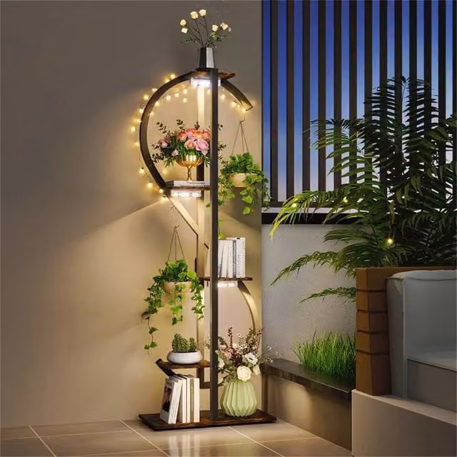 NESTLUNE Modern Metal Plant Stand with Integrated LED Grow Lights in Black, W/D/H: 55 x 26 x 123 cm – 1