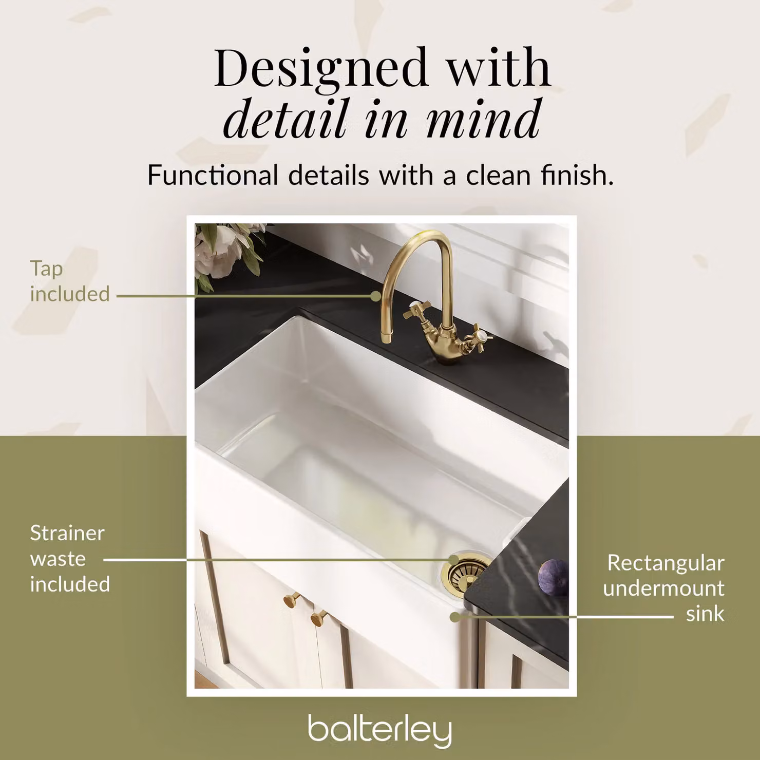 Balterley White Ceramic Single Bowl Belfast Kitchen Sink with Weir Overflow, Mono Crosshead Mixer Tap and Pop Up Waste in Brushed Brass, W: 795 mm – 4