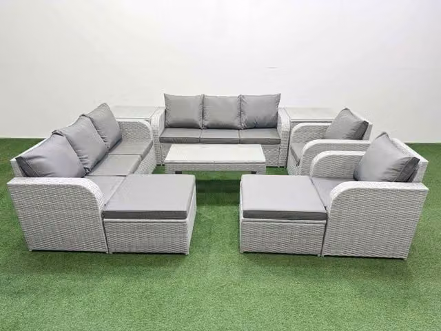 Fimous Grey PE Rattan Patio Lounge Set with 3 Seater Sofa, Reclining Chair, 2 Ottomans, Oblong Coffee Table and 2 Side Tables