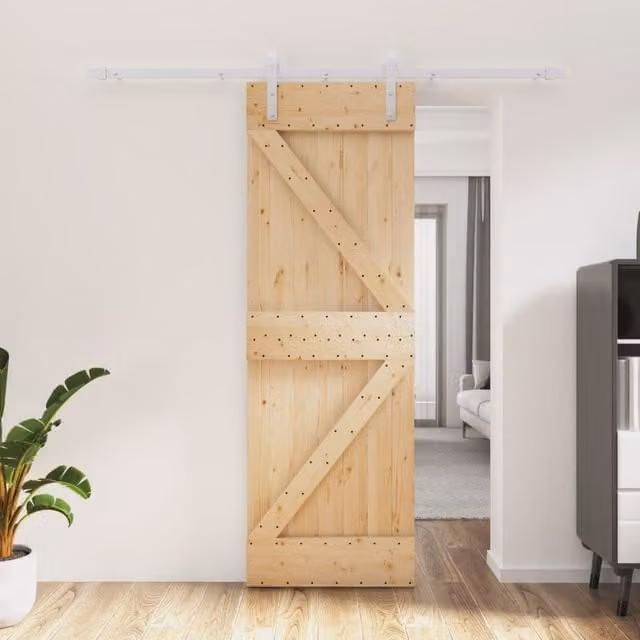 Berkfield Home Rustic Solid Wood Pine Sliding Door with Hardware Set, Brown, W: 70 cm, H: 210 cm – 1
