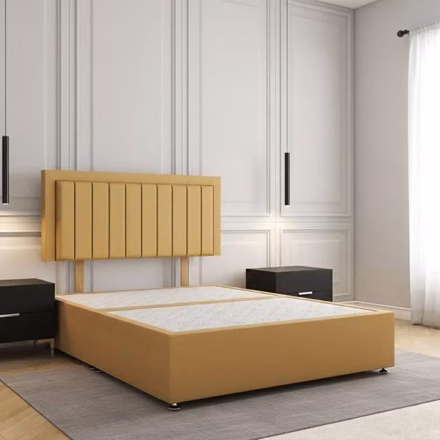REGIONAL FURNISHINGS Mustard Yellow Plush Velvet Double Divan Bed with 24 inch Headboard, W/D/H: 140 x 200 cm