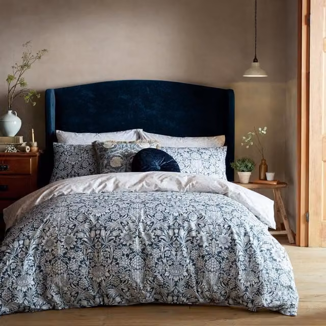 William Morris At Home Sunflower Reversible Cotton Duvet Cover and Pillowcase Set in Ink Blue