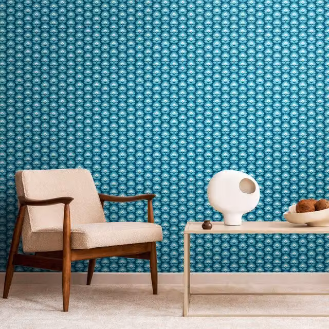 Hoopla Walls Retro Floral Botanical Wallpaper in Petrol Blue and Teal Mix