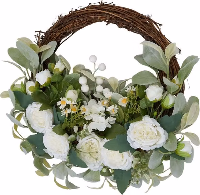 Lifeideas Artificial Peony Bunny Ear Rattan Wreath in Green and White