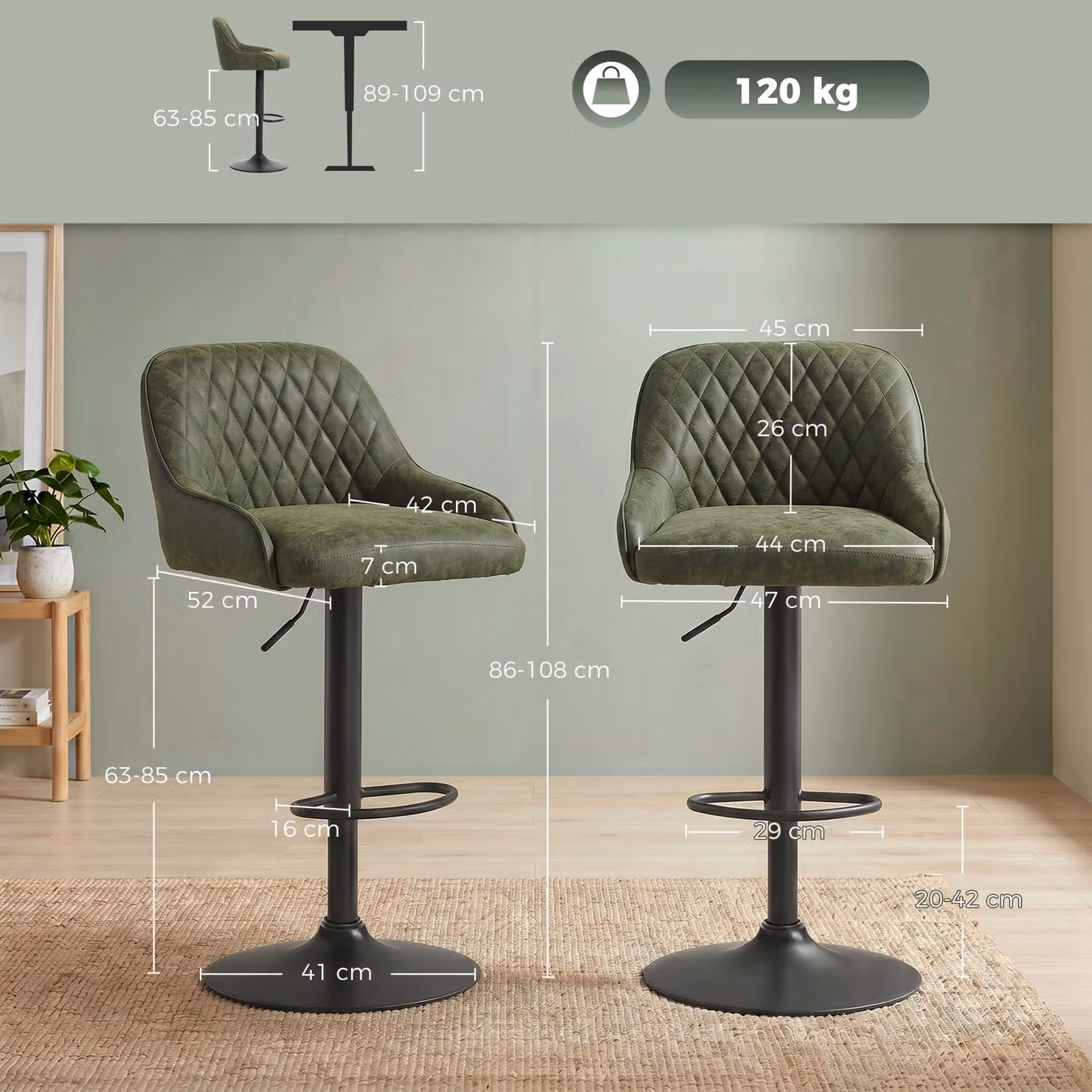 HOMCOM Set of 2 Adjustable Swivel Bar Stools with Backrest in Dark Green Synthetic Leather – 3
