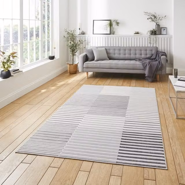 Terrys Modern Striped Rectangular Machine Woven Rug in Grey and White, W/D/H: 150 x 80 cm