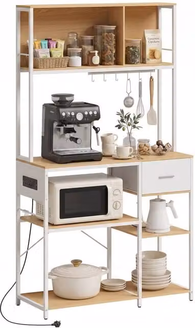 HOMCOM Kitchen Storage Rack with Power Outlet, USB and Type-C Ports, Drawer, Shelves and 4 Hooks, Oak and White – 1