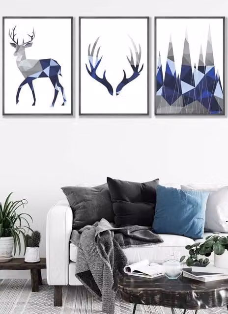 ARTZE Geometric Navy Blue and Grey Stags Framed Wall Art Set, W: 53 cm, H: 73 cm, D: 2 cm