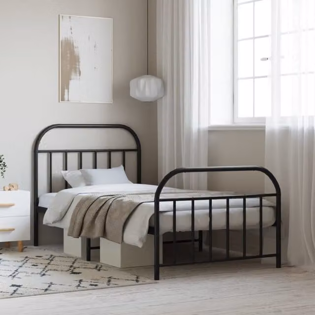 Berkfield Home Metal Bed Frame with Headboard and Footboard in Black, W/D/H: 100 x 200 cm