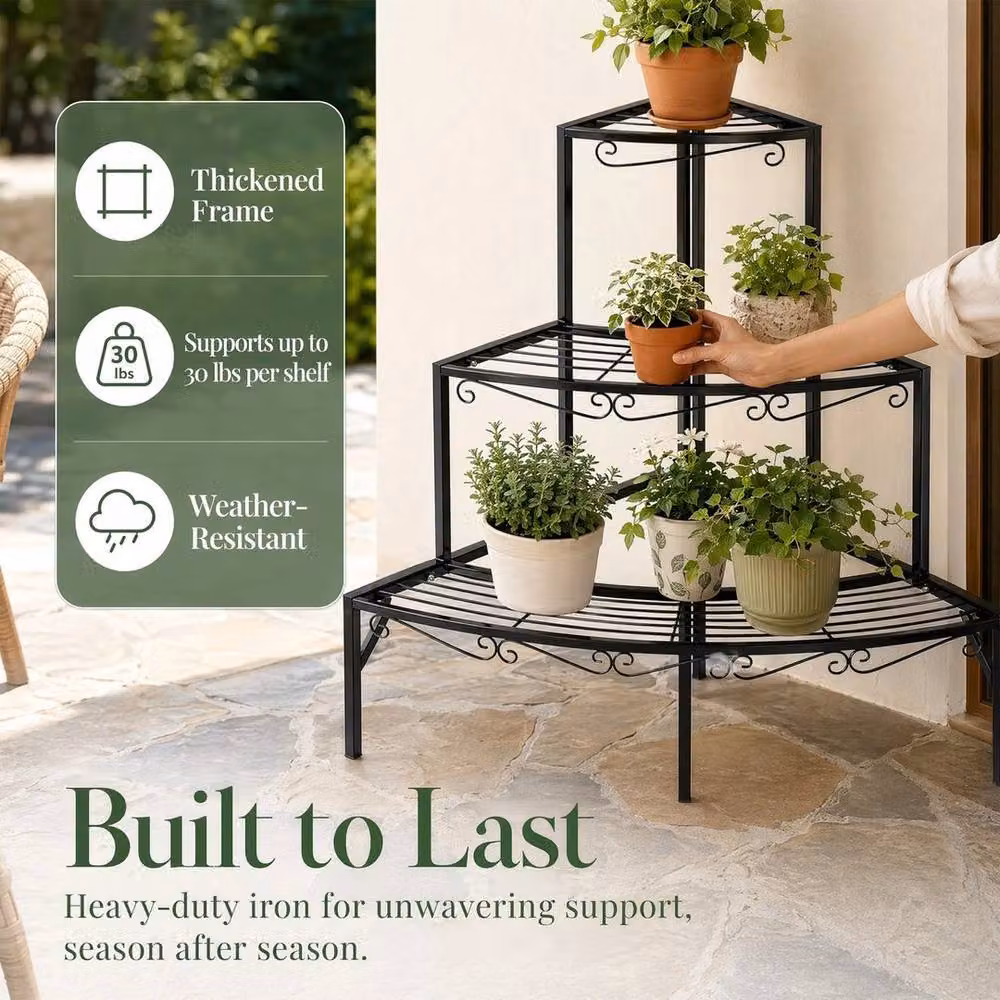 Kelvenix 3 Tier Metal Corner Plant Stand in Matt Black, H 84 cm x W 59 cm x D 59 cm – 3