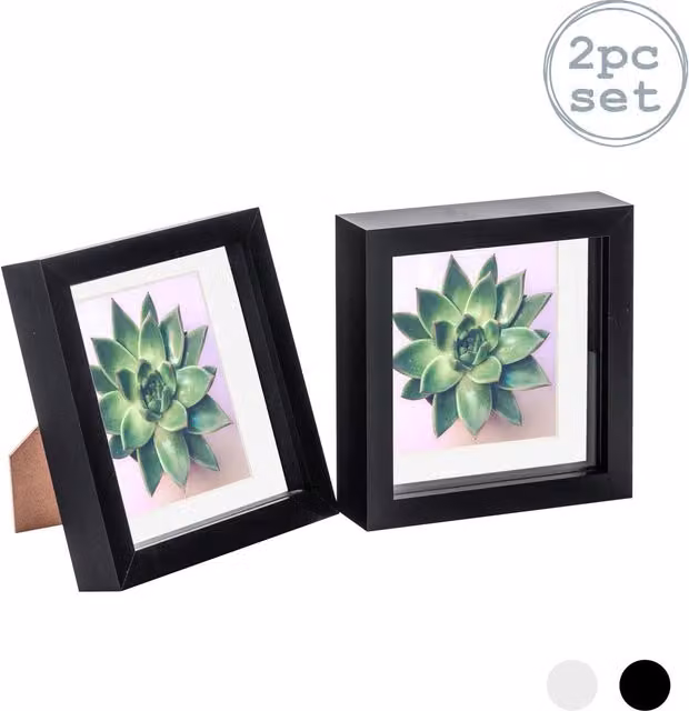 Nicola Spring Pack of 2 Black Square 3D Box Photo Frames for Tabletop with 4x4 inch Mount