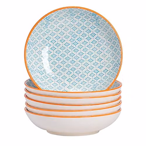 Nicola Spring Floral Patterned Porcelain Pasta Bowls, Pack of 6, Blue or Orange, Diameter: 22 cm – 1