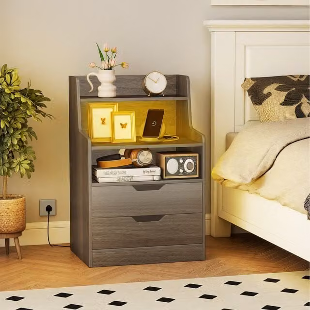 Costway Modern Grey LED Nightstand with Integrated Charging Station