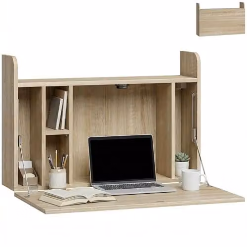 HOMCOM Wall Mounted Drop Leaf Computer Desk in Oak Brown, W: 77 cm, D: 20 cm, H: 51 cm