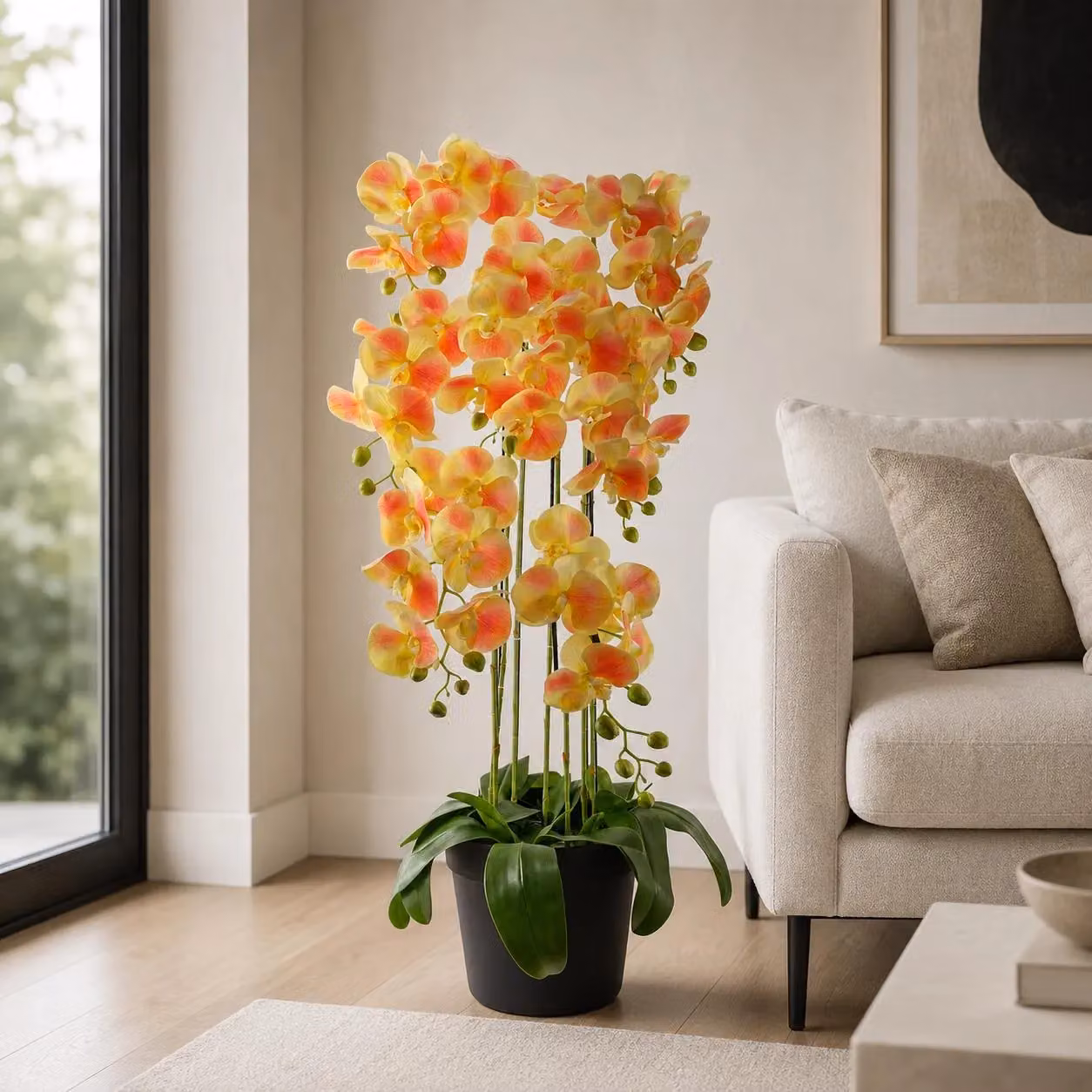 Leaf Design UK Real Touch Artificial Yellow Orchid Plant in Green Pot, Height: 110 cm – 6