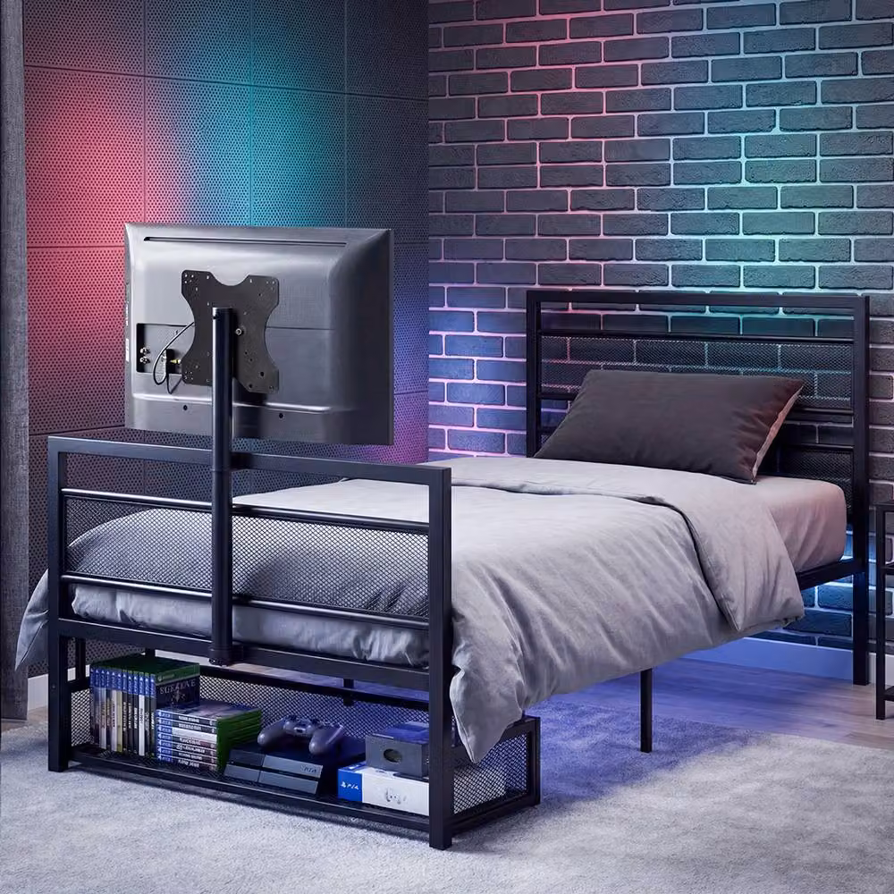 Levede Black Metal Single Bed Frame with 360 Degree Rotating TV Mount and Lift Up Base, W/D/H: 90 x 190 cm – 3