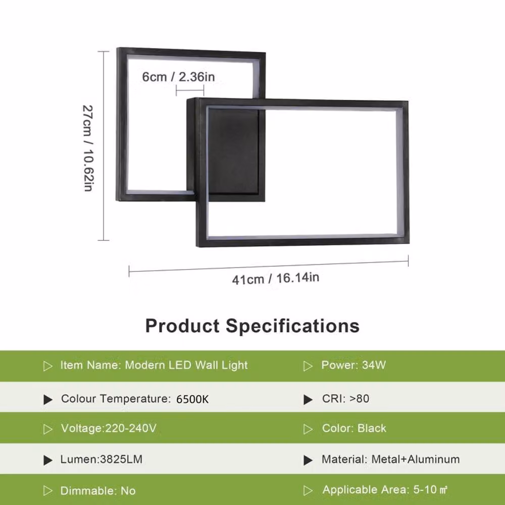 COMELY Modern Square LED Indoor Wall Lights, 34W, Cool White 6500K, Black – 3
