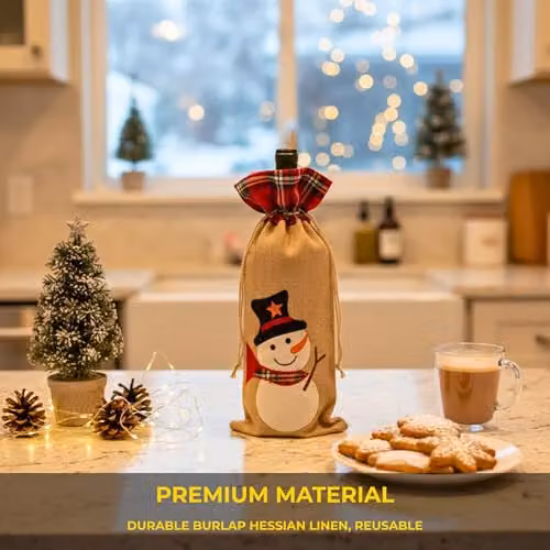 Shatchi Reindeer Printed Burlap Wine Bottle Cover with Drawstring Closure, Multicolour Festive Linen Liquor Bag for Christmas Parties – 5