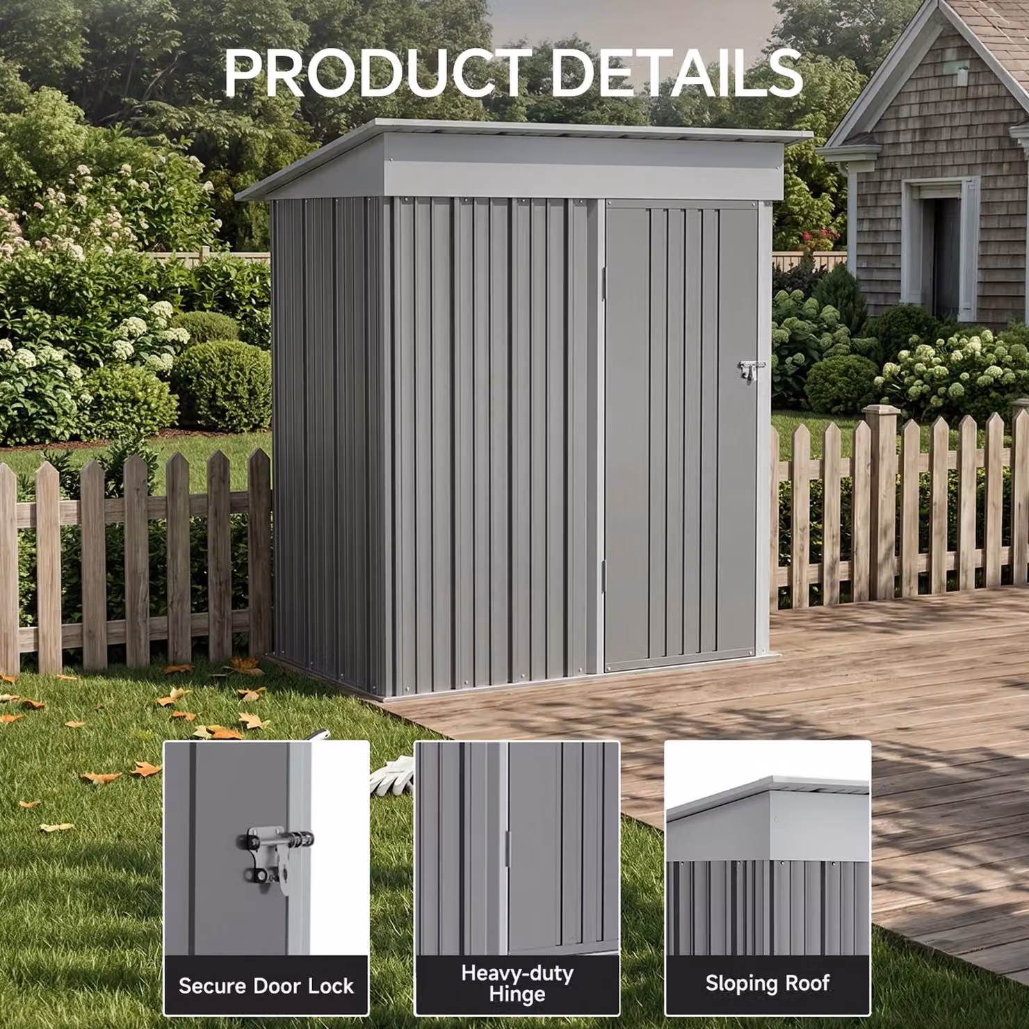 Living and Home Grey Metal Pent Garden Storage Shed with Lockable Door, W/D/H: 152.4 x 91.44 x 181.0 cm – 2