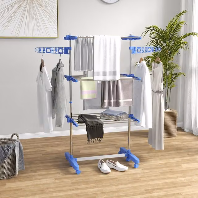 HOMCOM Foldable Clothes Drying Rack with Wing Arms and Wheels, Blue, Height: 152 cm