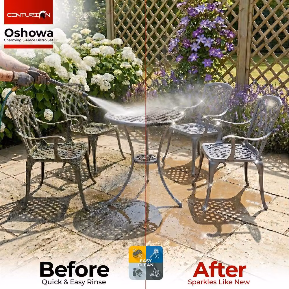 Centurion Supports OSHOWA 5-Piece Cast Aluminium Bistro Set with Round Table, 4 High-Back Armchairs and Green Cushions in Grey – 4