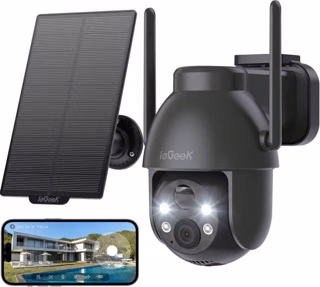 iegeek Black 2K 360° Solar Security Camera with Night Vision, PIR and 2-Way Audio