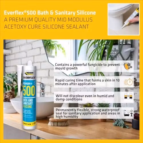 Everbuild 500 Bath and Sanitary Silicone Sealant, Mould Resistant, White or Transparent, 290ml – 3