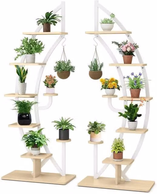 Havendro 2-Piece White Half Moon Curved 8-Tier Wooden Plant Ladder Stand