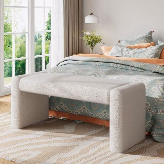 Komore Modern Velvet Fabric Indoor Bench in Beige and White