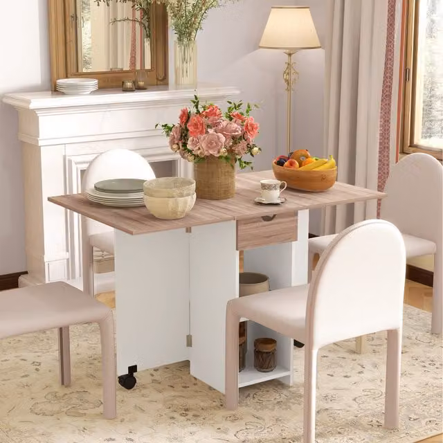 HOMCOM Foldable Drop Leaf Dining Table with Storage and Castors, Oak