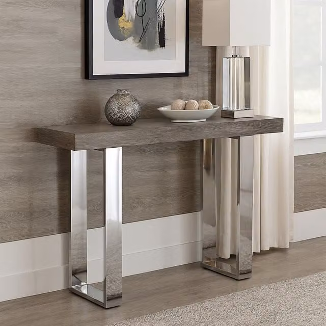 Orsina Grey Elm Wood Console Table with Polished Stainless Steel Sledge Legs, W/D/H: 150 x 51 x 76 cm – 1