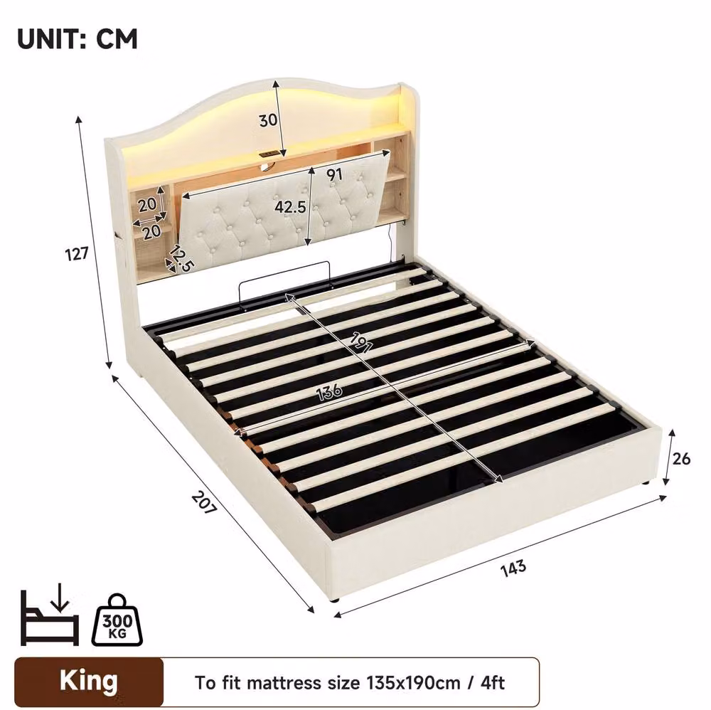 STILVORA Modern Double Bed Frame with Lift-Up Storage, LED Under-Bed Lighting and USB Charging Port in Beige, W/D/H: 140 x 200 x 137 cm – 2