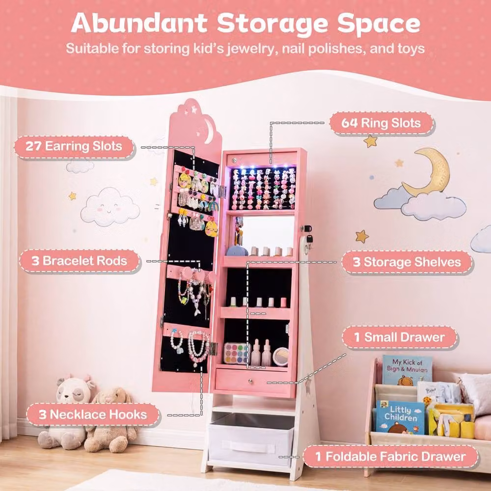 Costway Kids Jewelry Cabinet with LED Lighting and Full-Length Mirror in Pink – 4