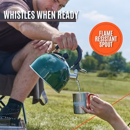 Milestone Camping 2L Whistling Enamel Camping Kettle in Green with Heat-Resistant Folding Handle – 6
