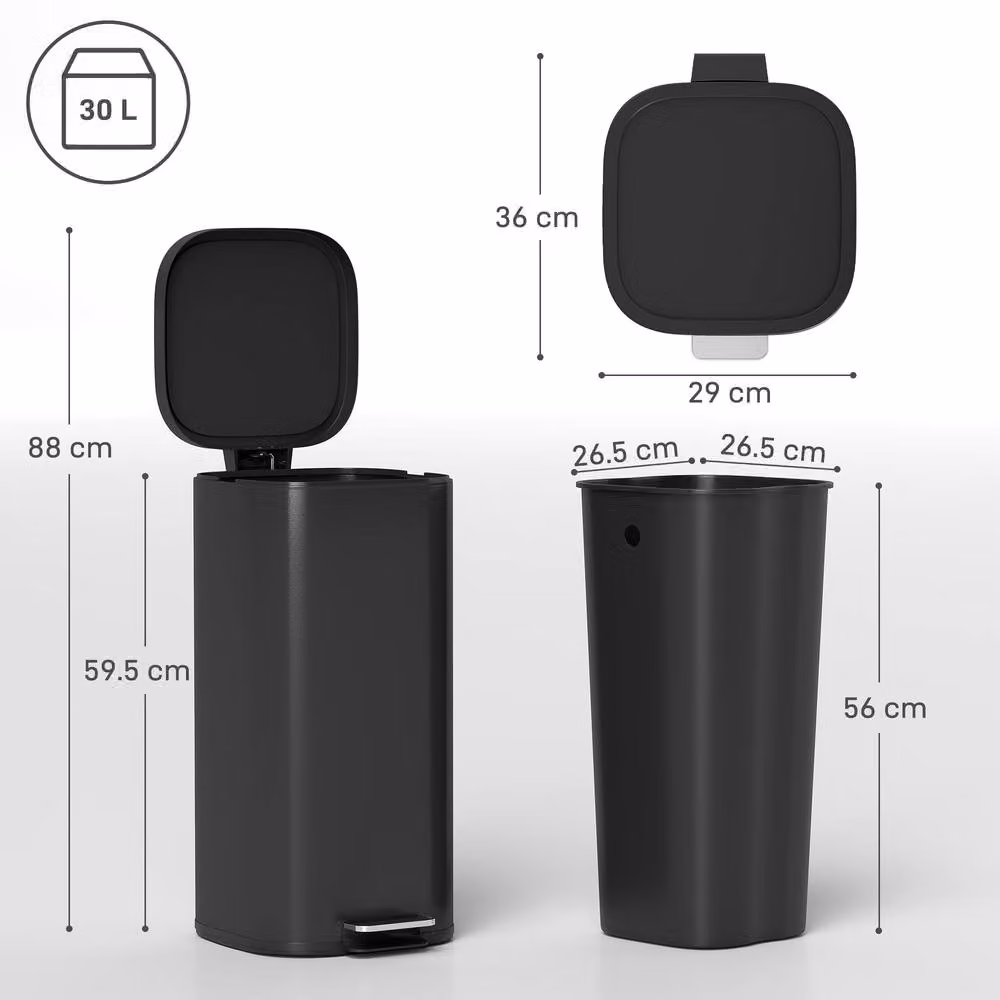 HOMCOM 30L Black Pedal Kitchen Bin with Soft-Close Lid and Removable Inner Bucket – 3
