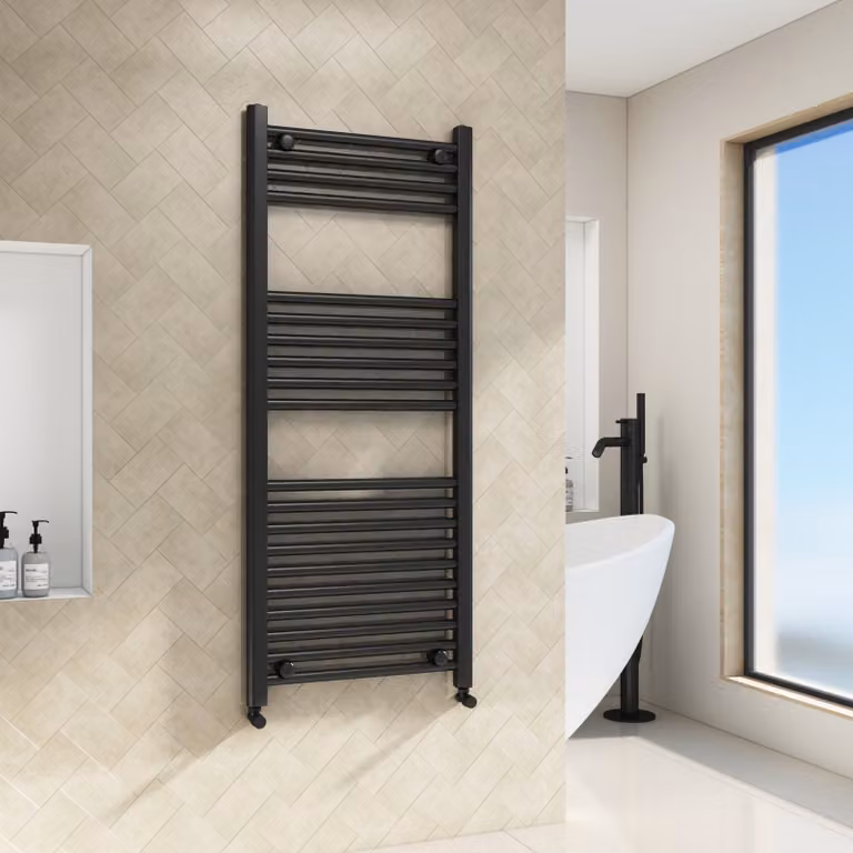Royal Bathrooms Porto Heated Towel Rail Straight Ladder, Matt Black, W: 50 cm, H: 120 cm