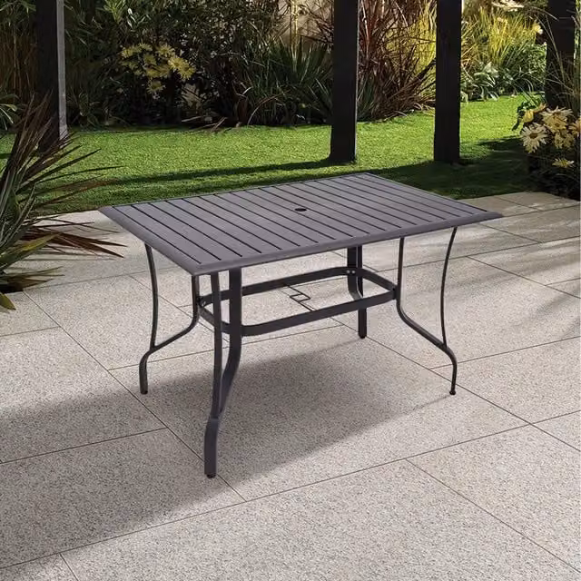Livingandhome Modern Rectangular Metal Slatted Garden Table with Parasol Hole in Matt Anthracite Grey, Width: 120 cm