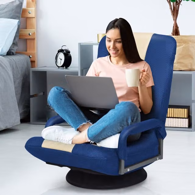 Costway Blue Fabric Swivel Floor Chair with Armrests for Home or Office