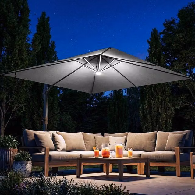 Outsunny Light Grey Cantilever Garden Parasol with Light and Cover, W: 300 cm x D: 300 cm x H: 286 cm