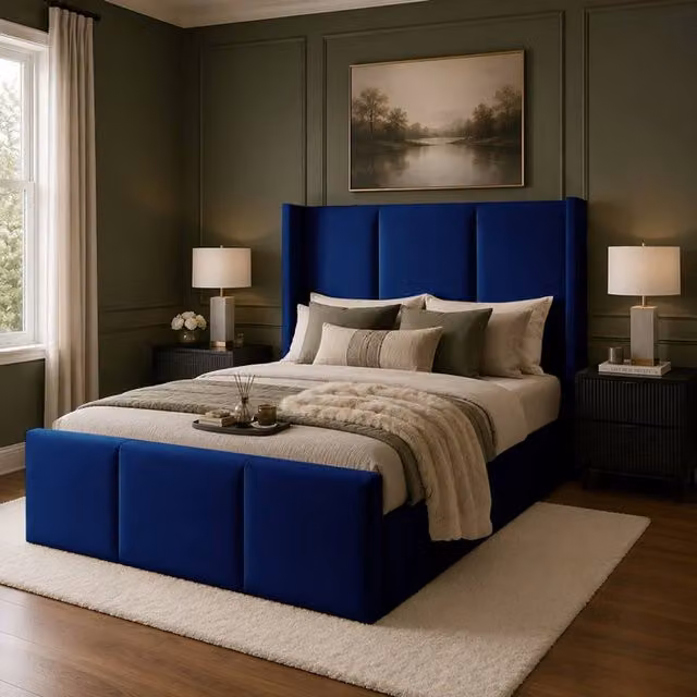 Desire Deco Grayson Wingback Ottoman Storage Bed Frame in Blue Plush Velvet, Double (140 x 200 cm)