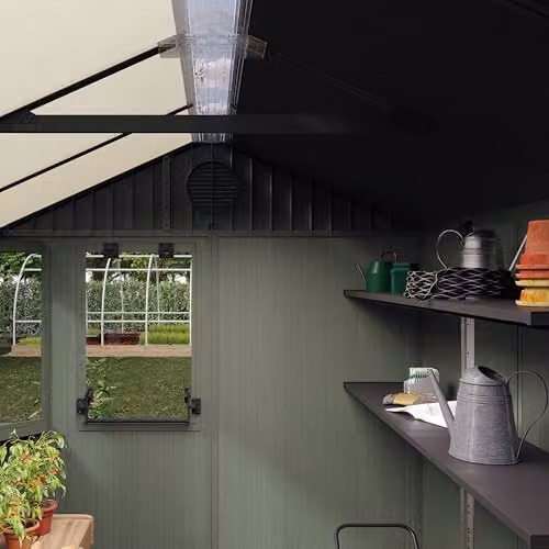 Keter Darwin Potting Shed 6x8ft in Green with Hybrid Roof, 5 Opening Windows, 2 Fixed Windows, 2 x 160cm Shelves and Lockable Design in Evotech+ Wood-Look Resin – 3